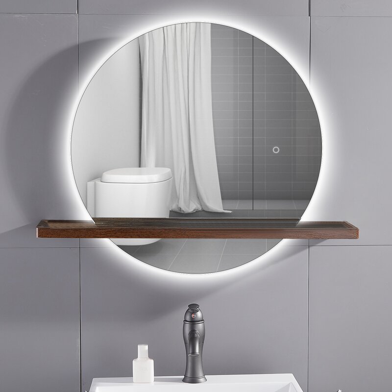 Latitude Run Modern Frameless Lighted Bathroom Mirror with Shelves